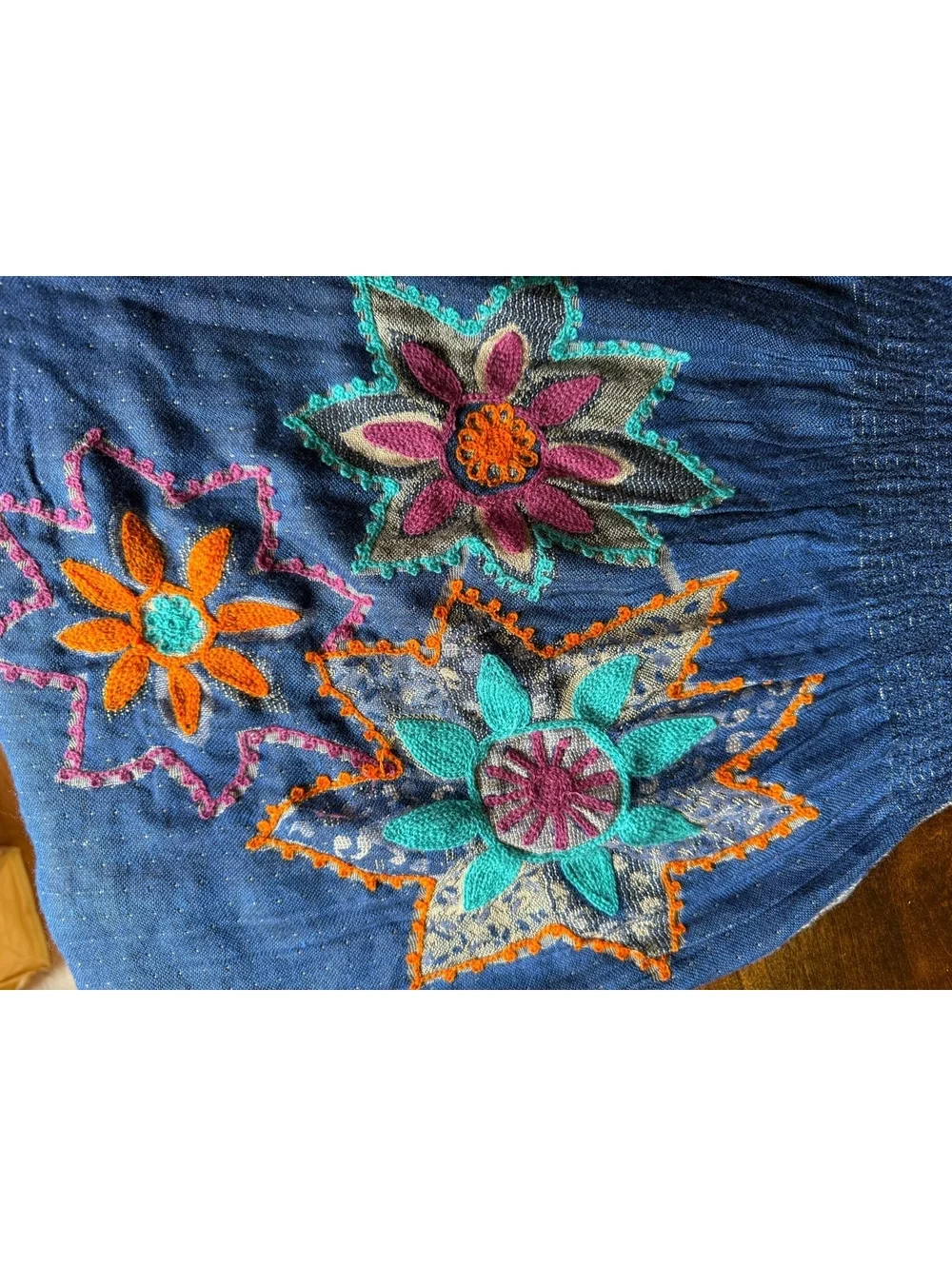 Bohemian Style Two-Tone Scarf/shawl with Floral Embroidery and Fringe